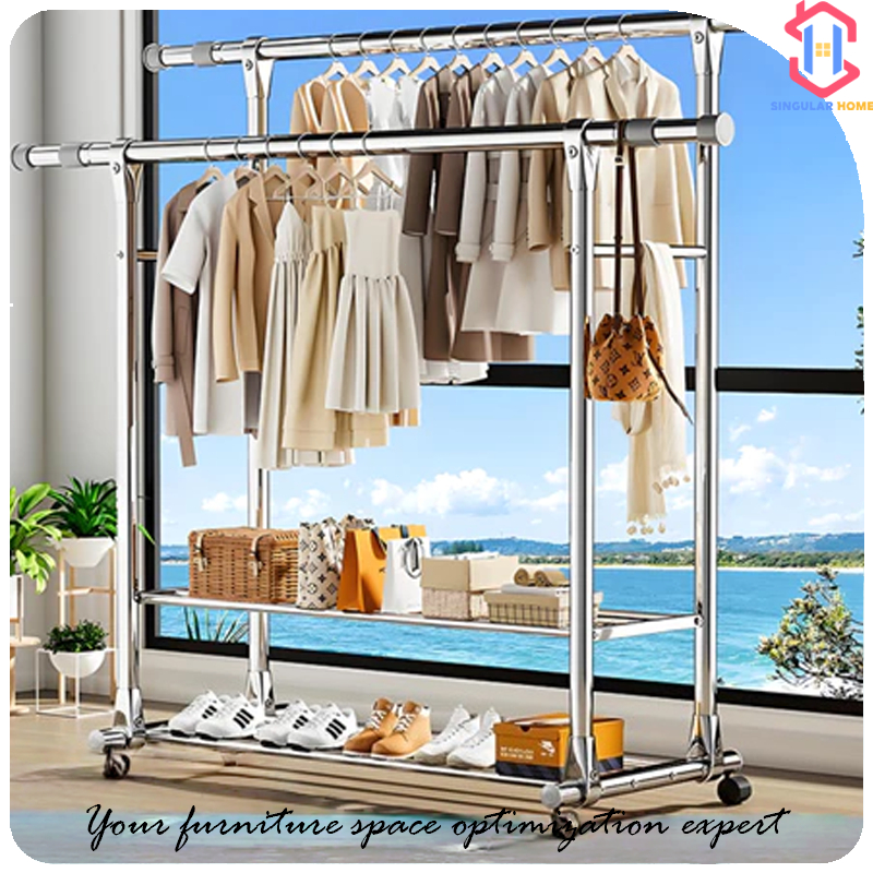 Stainless Drying Rack Double Rod Extendable Clothes Rack Bottom Storage ...