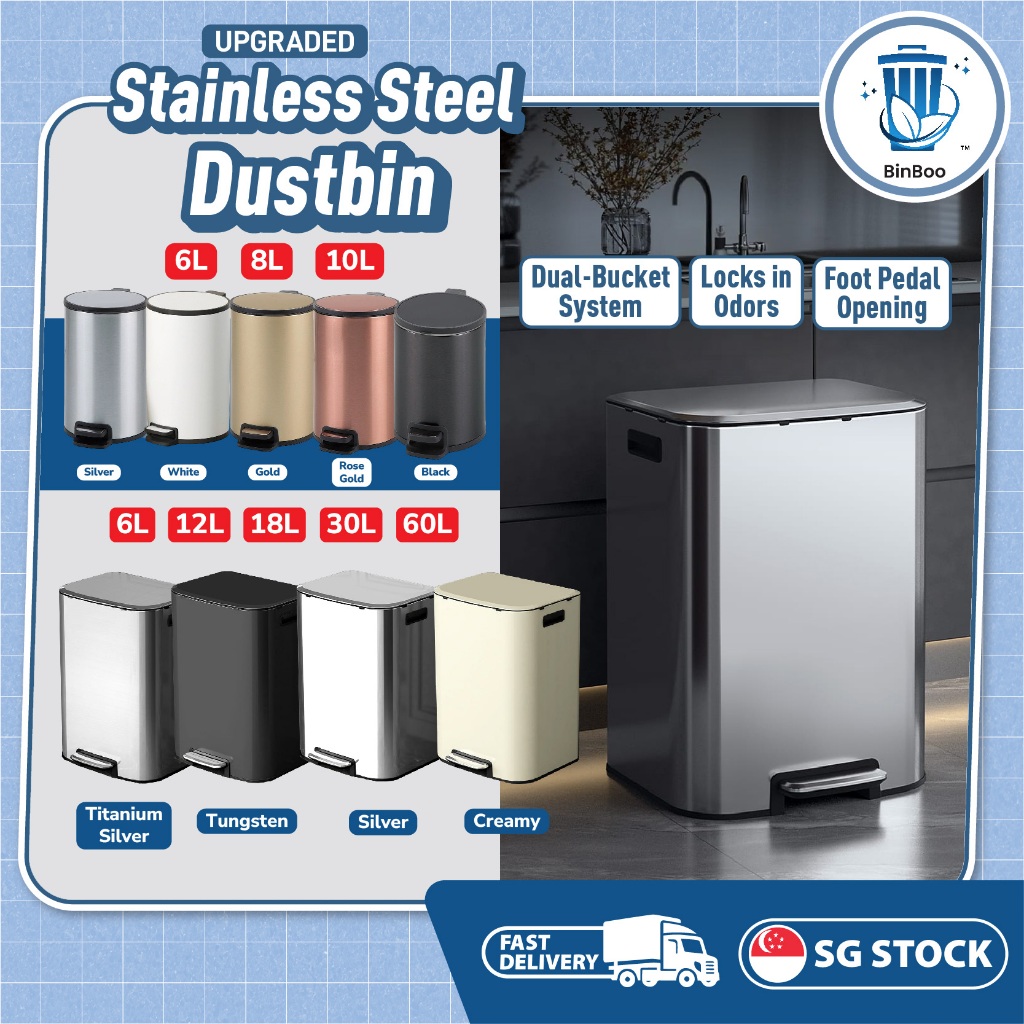 [SG STOCK] Stainless Steel Pedal Dustbin | Soft Close Lid Trash Bin ...