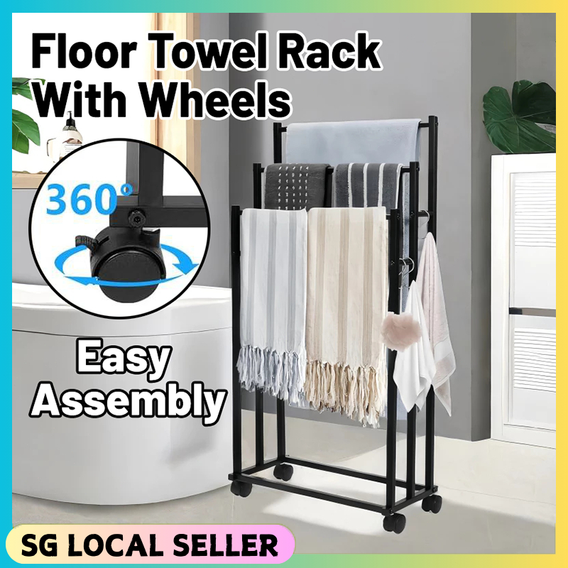 SG READY STOCK Floor Towel Rack With Wheels 3-Tier Hanging Bathroom ...