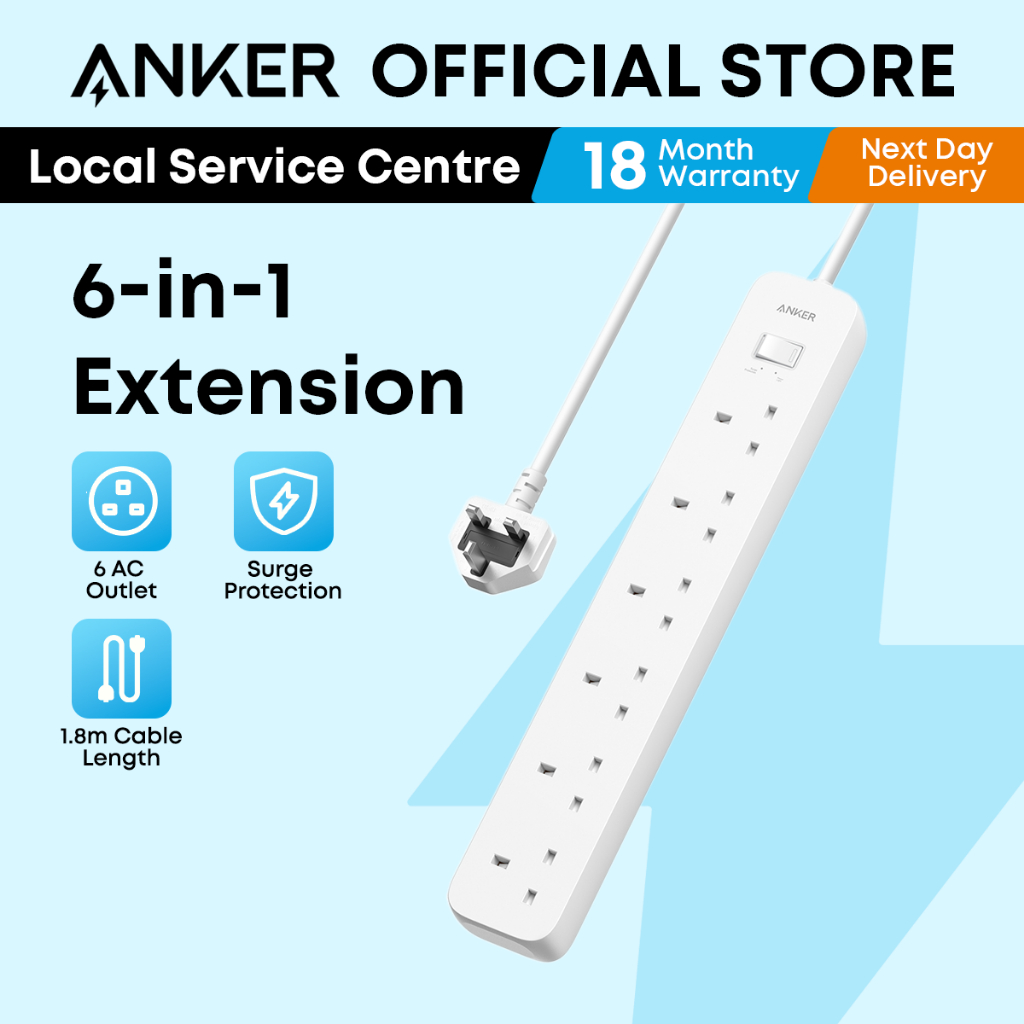 Anker Extension Cord 6 in 1 AC Outlet Charger Power Strip Extension ...