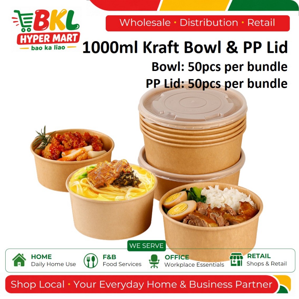 [SG STOCK] 1000ml Kraft Bowl With PP Hot Lid | Takeaway Bowl Soup ...