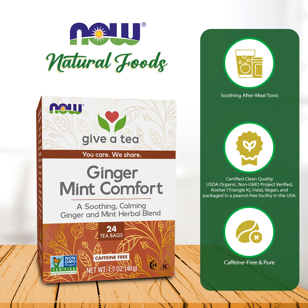 NOW Foods Ginger Mint Comfort Tea, Calming & Tummy-Pleasing Ginger-Mint ...