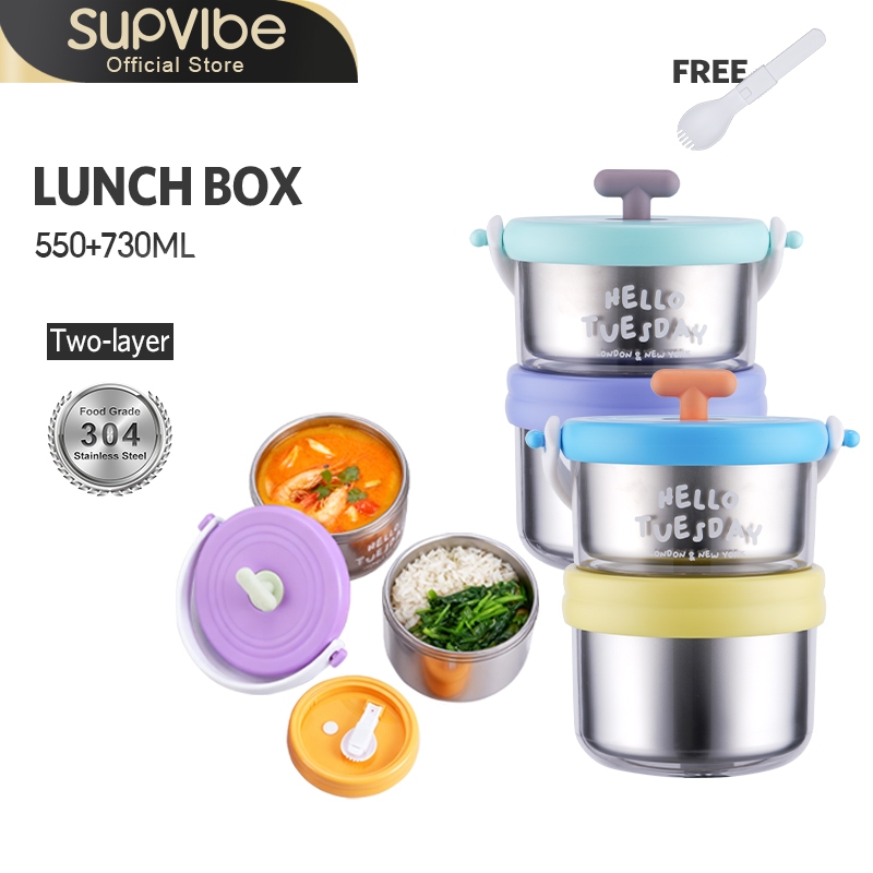 SUPVIBE 2pcs 304 Stainless Steel Lunch Box Round Insulated Food Storage ...