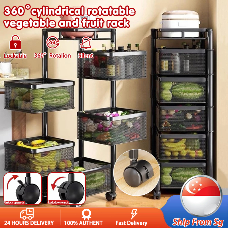 [SG STOCK]360° Rotating Kitchen Cart with Locking Wheels Adjustable ...