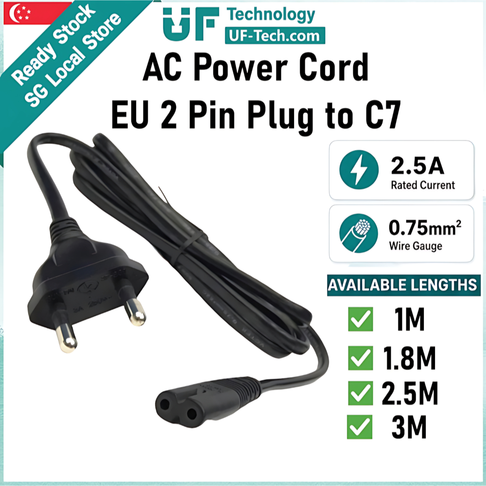 UFTECH 2 Pin European Plug to C7 Cable | Figure 8 AC Power Cord 0.75mm² ...