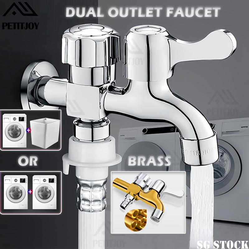 【SG】Brass Dual Outlet Faucet 2 Way Tap with Double Control for Washing ...