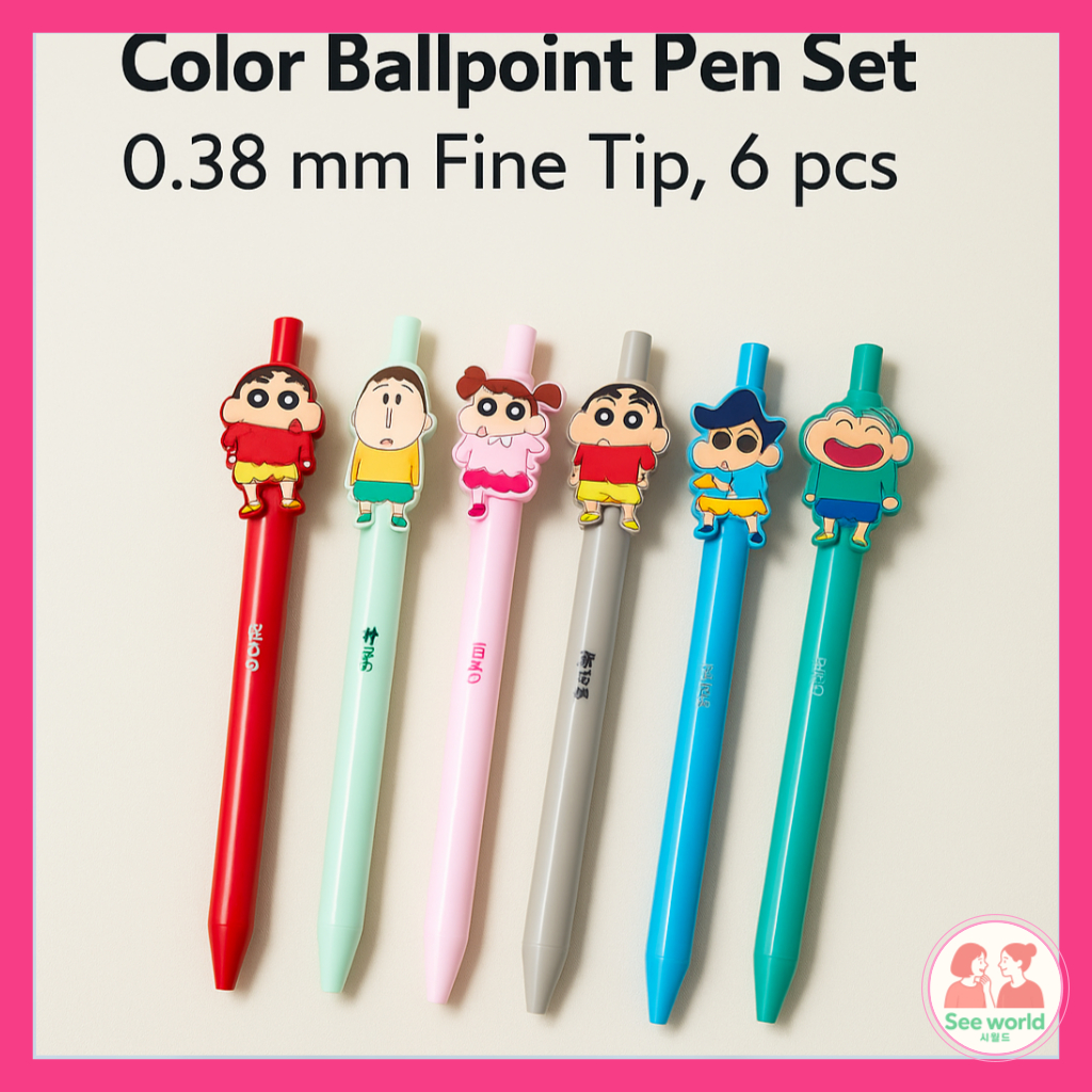DAISO Crayon Shin-chan Color Ballpoint Pen Set – 0.38mm Fine Tip, 6 pcs ...