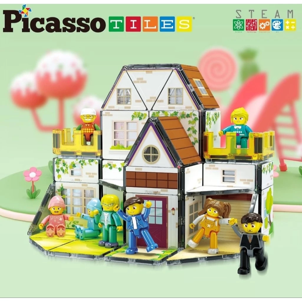 PicassoTiles Family Homestead Doll House - 57-piece themed magnetic building set with characters