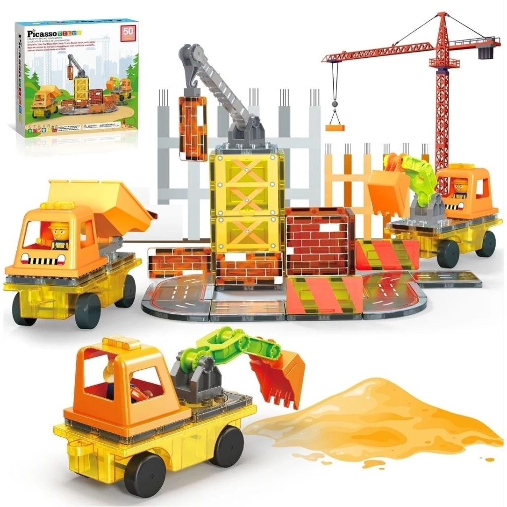 PicassoTiles Construction Themed Set - Building blocks designed for construction vehicles and work sites