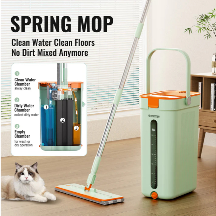 Mop and Bucket Set, Flat Mop System with 3 Compartments, Clean/Dirty ...
