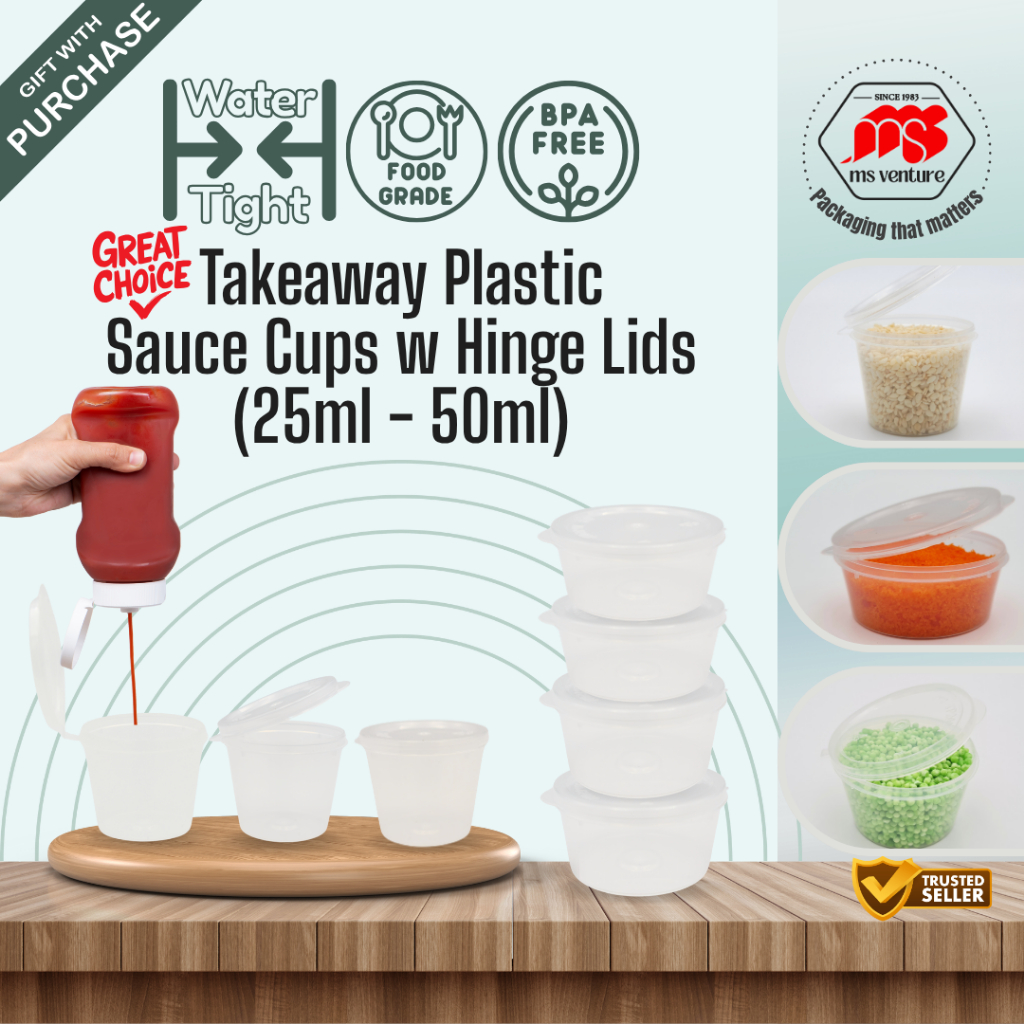 {MSV} Leak Free Plastic Takeaway Sauce Cups (25ml-50ml) with Hinge Lids ...