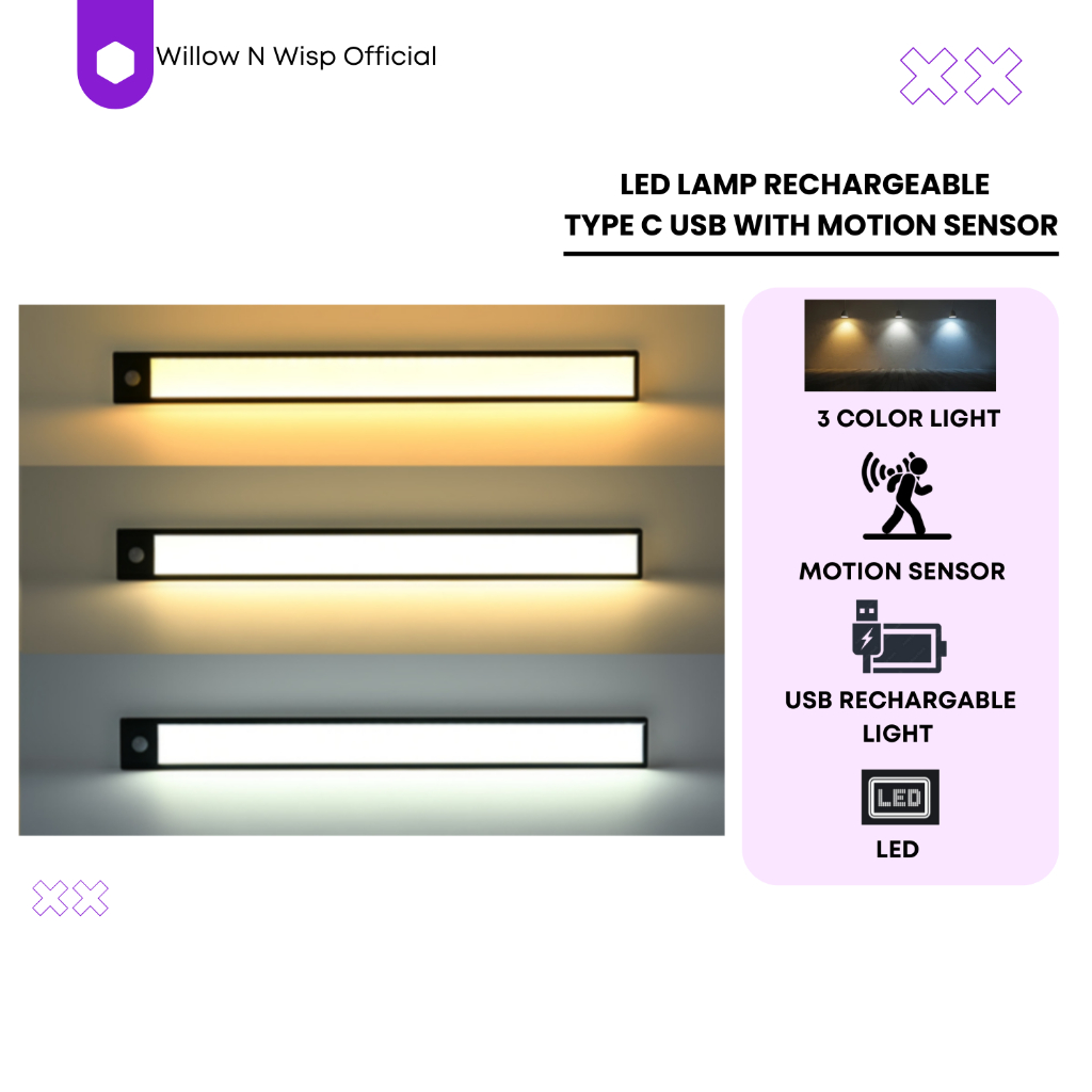 LED Lamp Rechargeable Type C USB with Motion Sensor|3 Colors Tricolor ...
