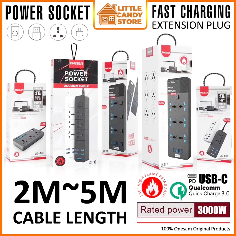 3000W AC Power Socket Extension Plug 2~5M with USB-C PD Fast Charging ...