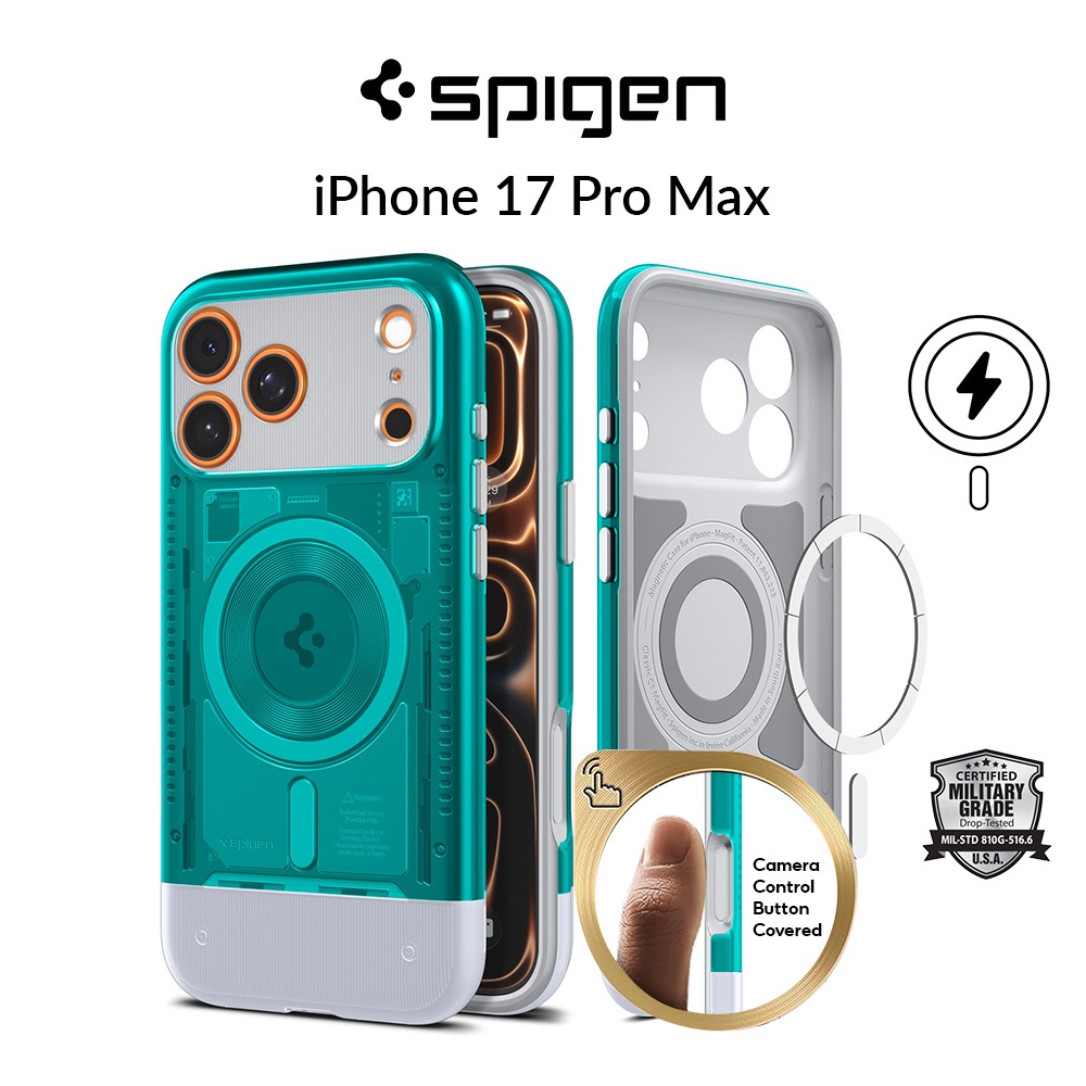 Spigen IPhone 17 Pro Max Hoesje C1 MagFit – Retro-futuristisch Design, 6-laags Bescherming En MagSafe-compatibel (Tangerine)