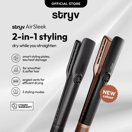 stryv AirSleek 2-in-1 styler packaging and rose gold appliance