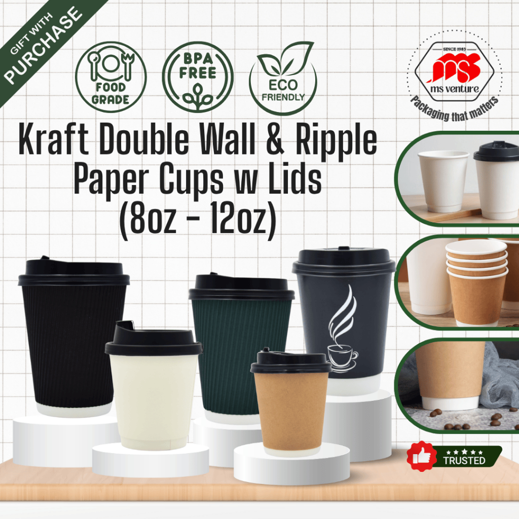 {MSVT} Premium Kraft 8oz-12oz Double Wall & Ripple Paper Cups with Lids ...