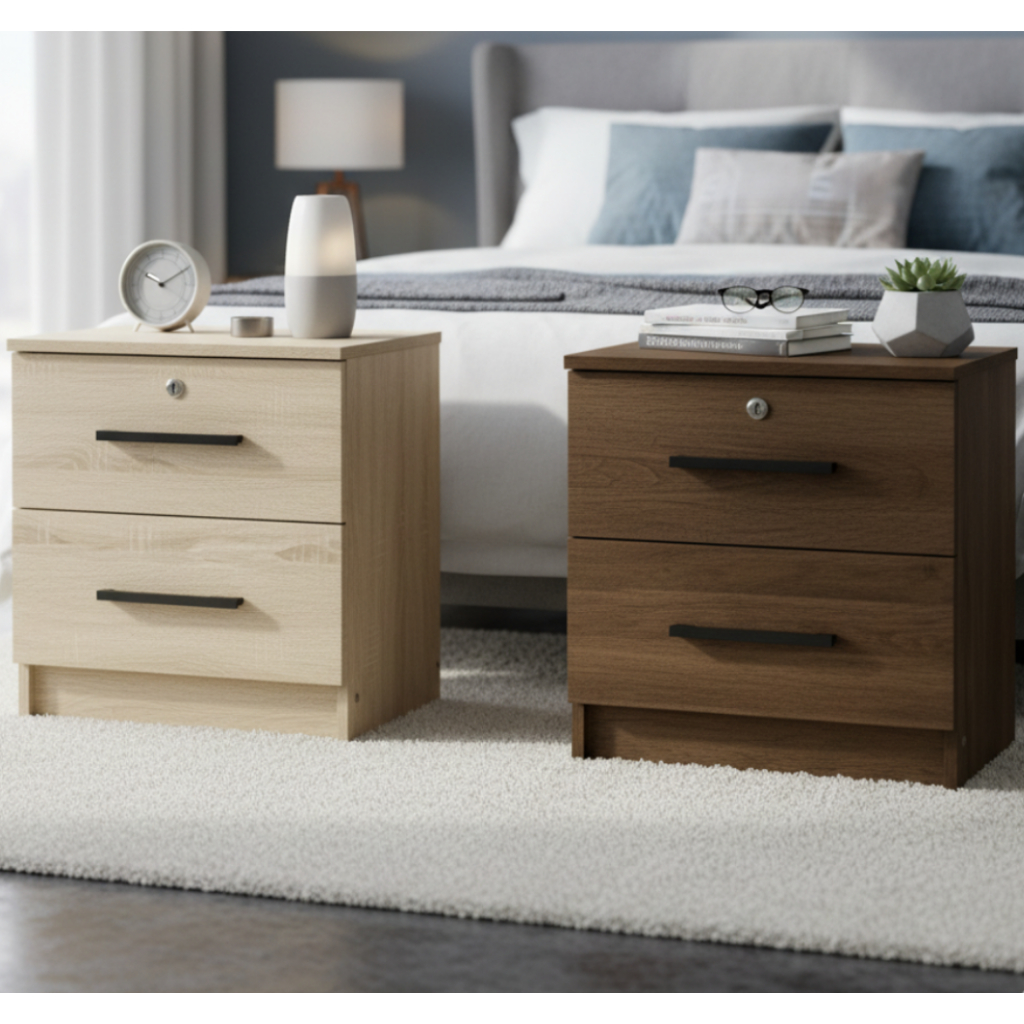 (FurnitureSG) Wooden Side Table Night Stand 2 Drawers with Lock ...