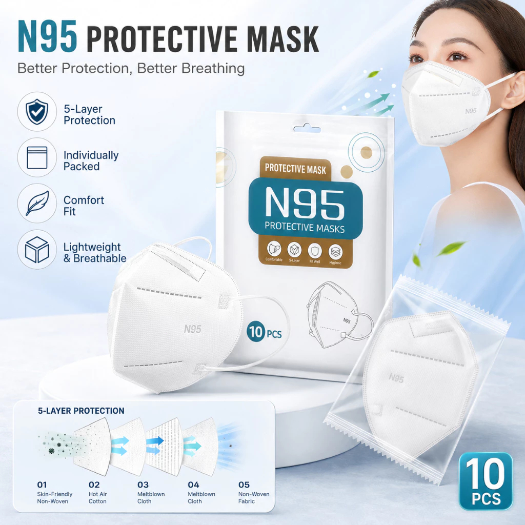 SG【READY STOCK】100PCS KN95 Mask 5-Ply 3D Face Mask, Breathable ...