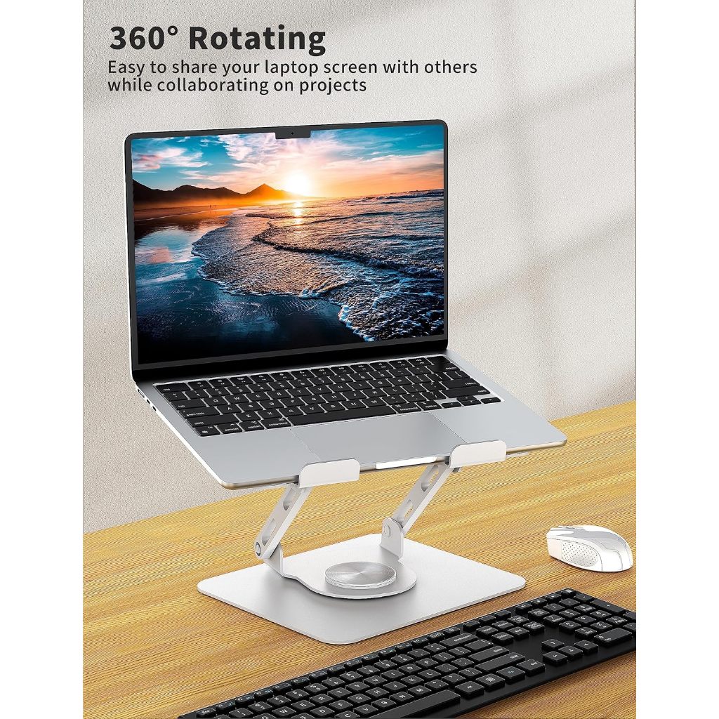 SOUNDANCE Laptop Stand with 360° Rotatable Base, Ergonomic Computer Riser for Desk, Adjustable Height with Muti Angle, Foldable Laptop Holder, Stable