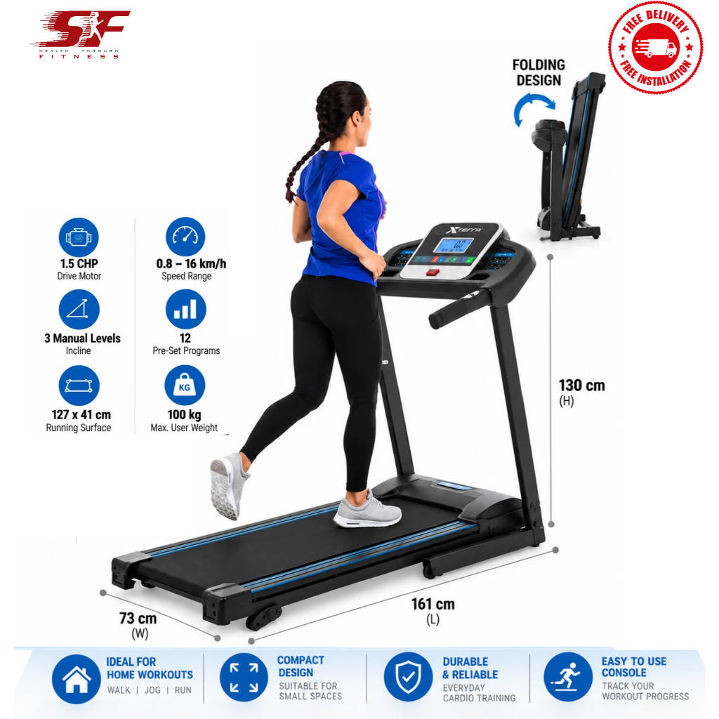 XTERRA TR150 Folding Treadmill | Home Running Machine, 1.5 CHP, 16 km/h ...