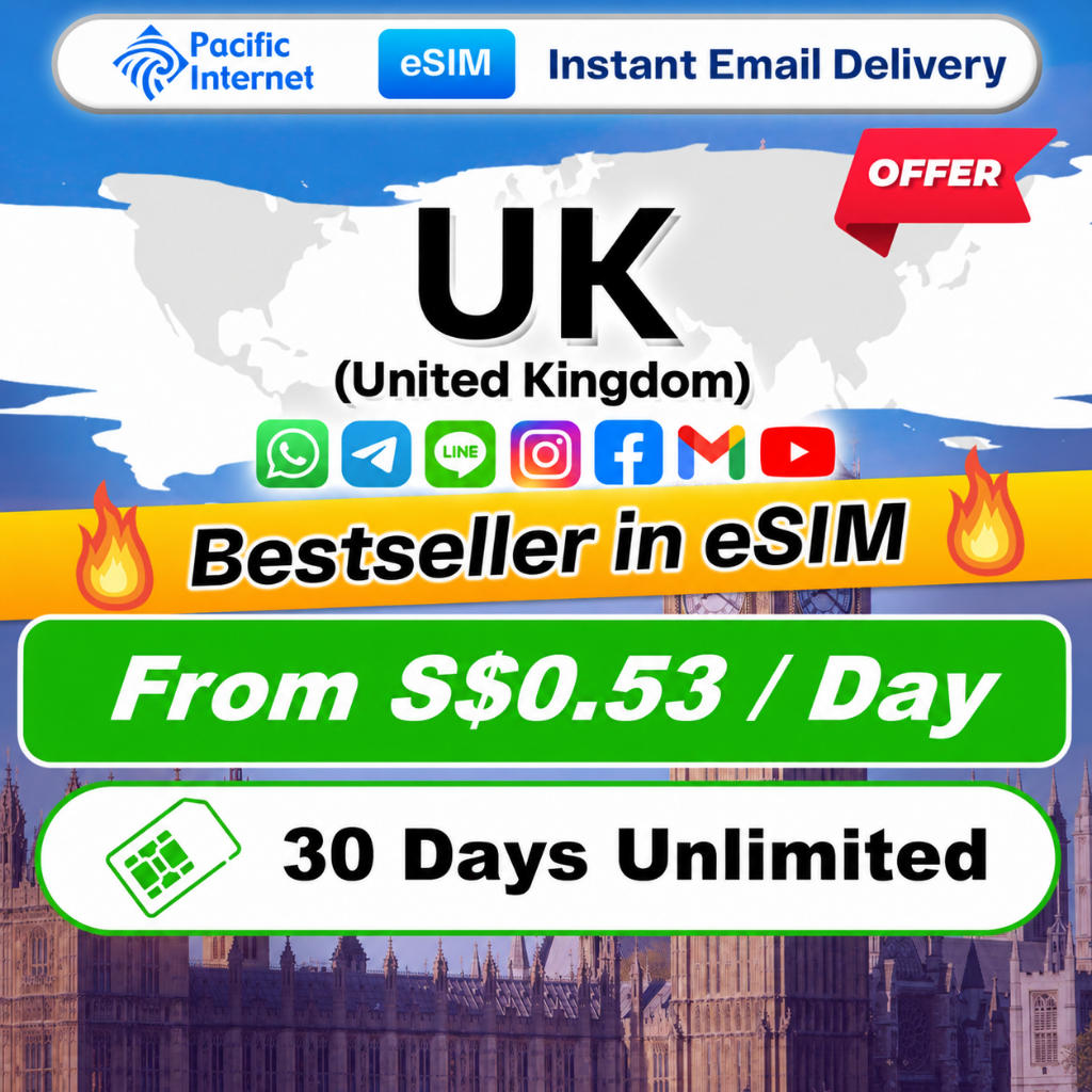 [FLASH SALE] Pacific Internet United Kingdom (UK) Travel eSIM 30 Days ...