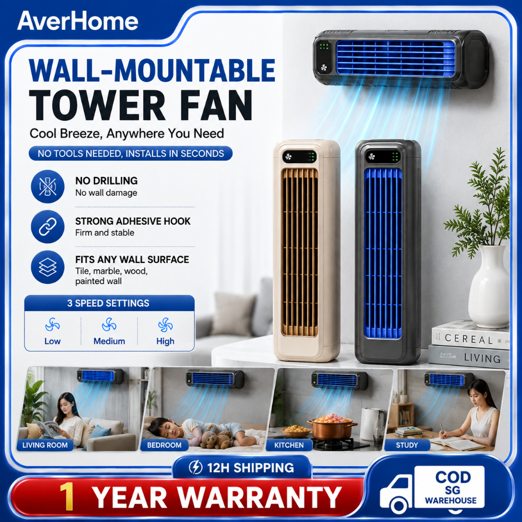 Wall Mounted Tower Fan, Cordless Rechargeable, 3 Speeds, No Drilling ...