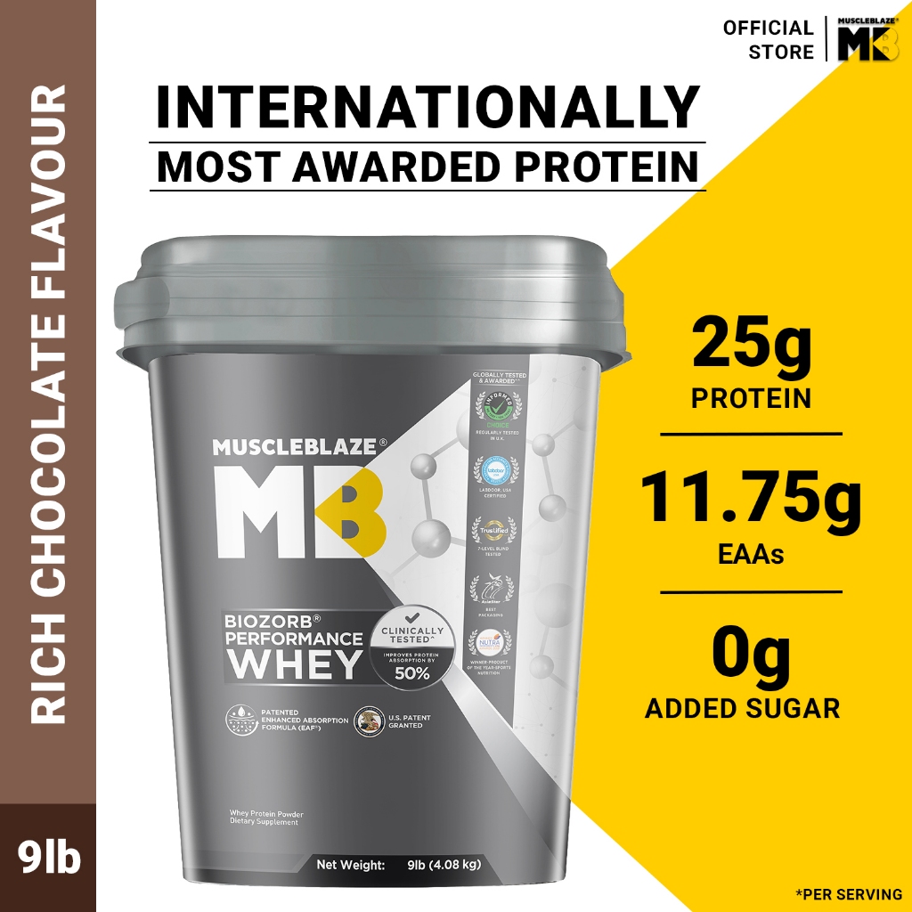 MuscleBlaze Biozorb Performance Whey Protein (Rich Chocolate, 9lbs / 4 ...