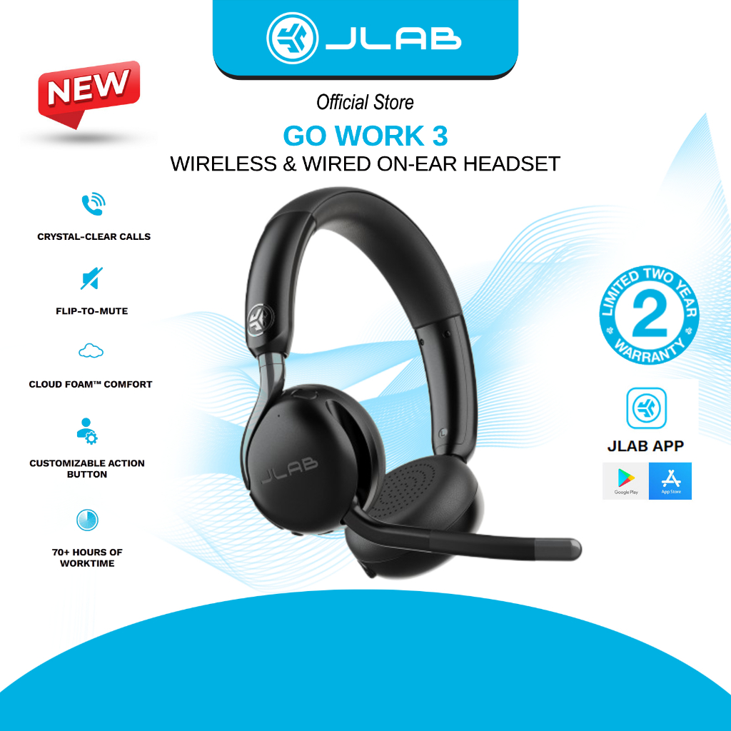 JLab Go Work 3 Wireless Bluetooth Headset with Noise-Cancelling Mic ...