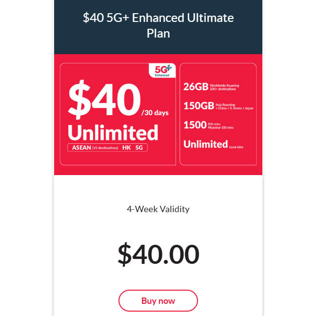 Singtel hi! Plan $40 5G+ Enhanced Ultimate (30 Days) | Unlimited 5G ...