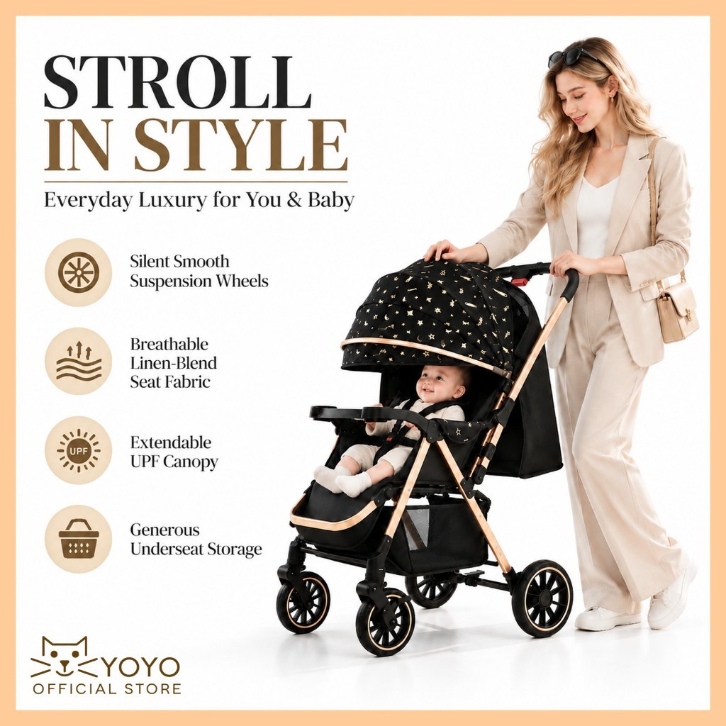 Luxury Baby Stroller Foldable Lightweight Baby Pram with Gold Frame ...