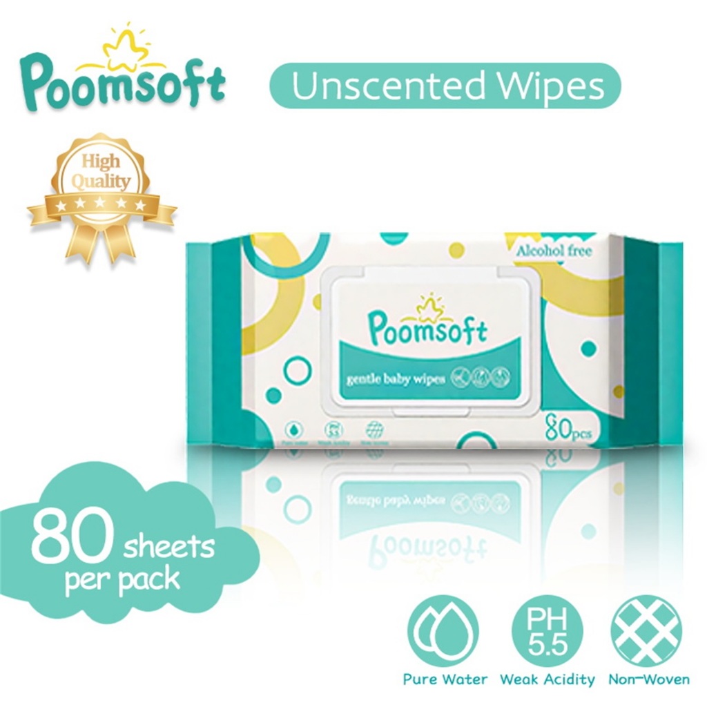 POOMSOFT Baby Wipes Wet 80 Pcs/Pack Alcohol-Free Unscented Baby Wipes ...