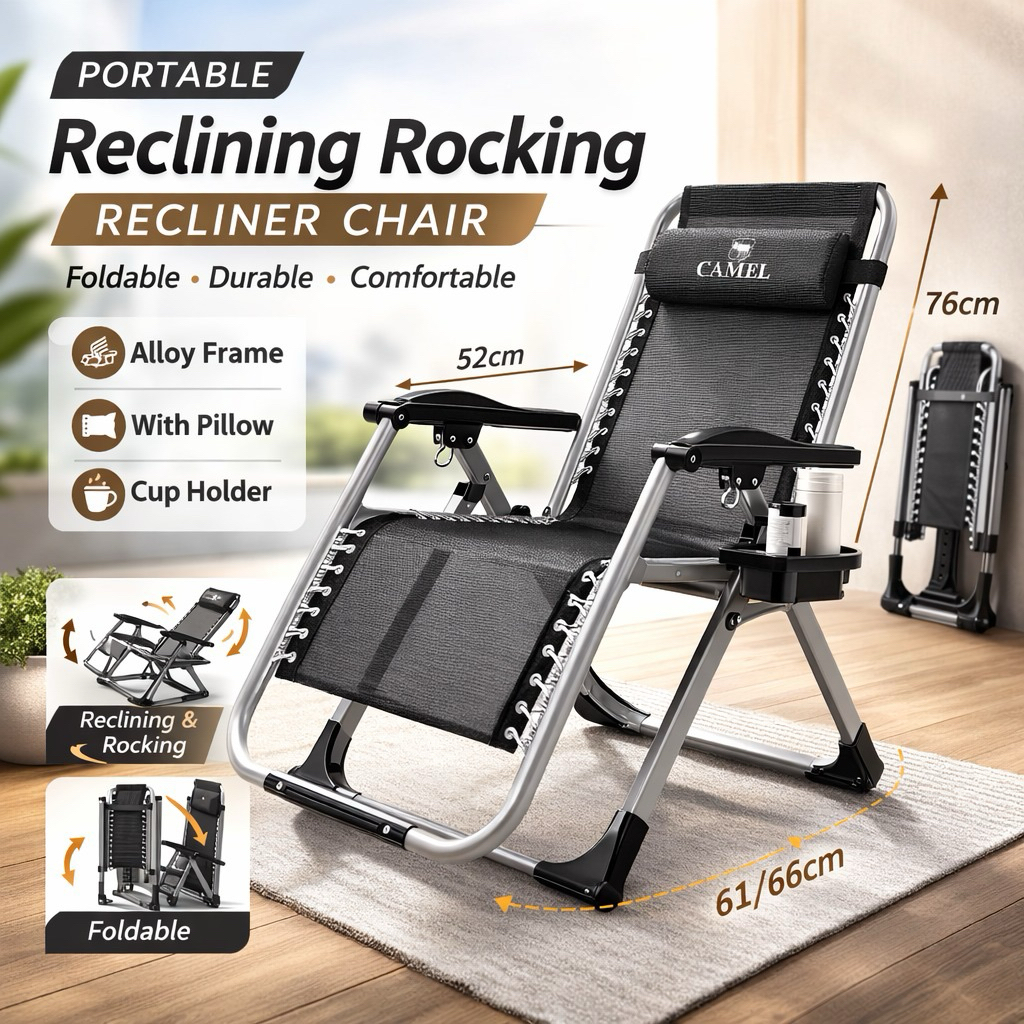🇸🇬 (Alloy Lock) Portable Reclining Rocking Recliner Foldable Chair w ...