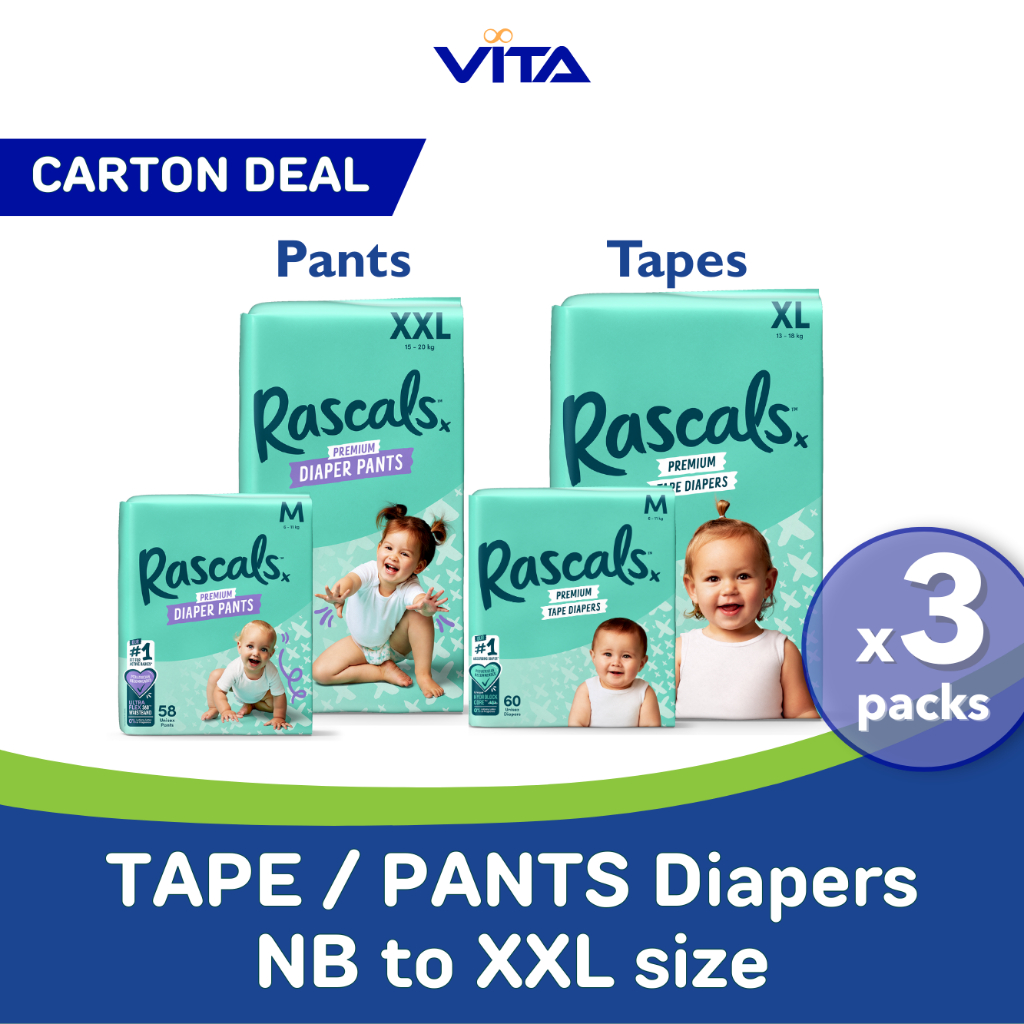 Carton of 3 packs – Rascals Premium Baby Diapers, Jumbo Box, Full Size ...