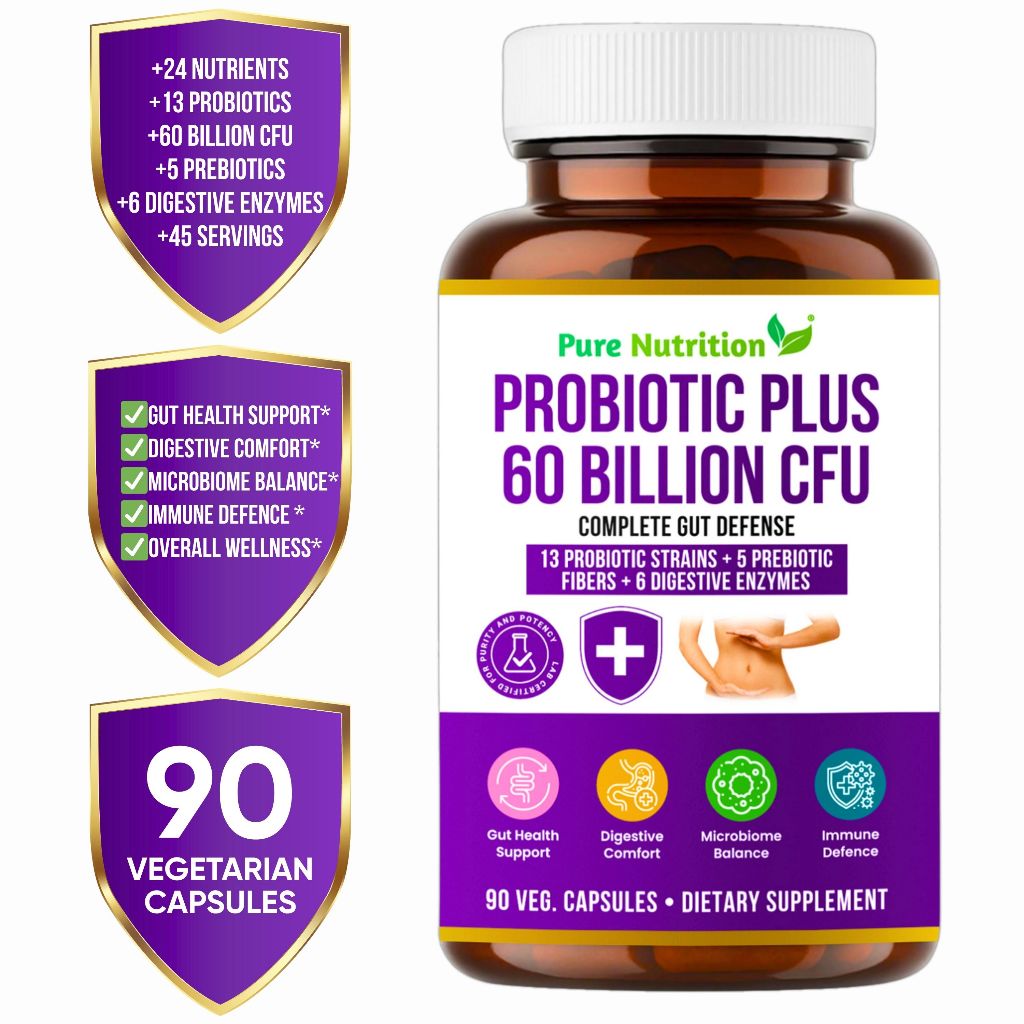 Pure Nutrition Probiotic Plus 60 Billion CFU | 13 Strains + Prebiotics ...