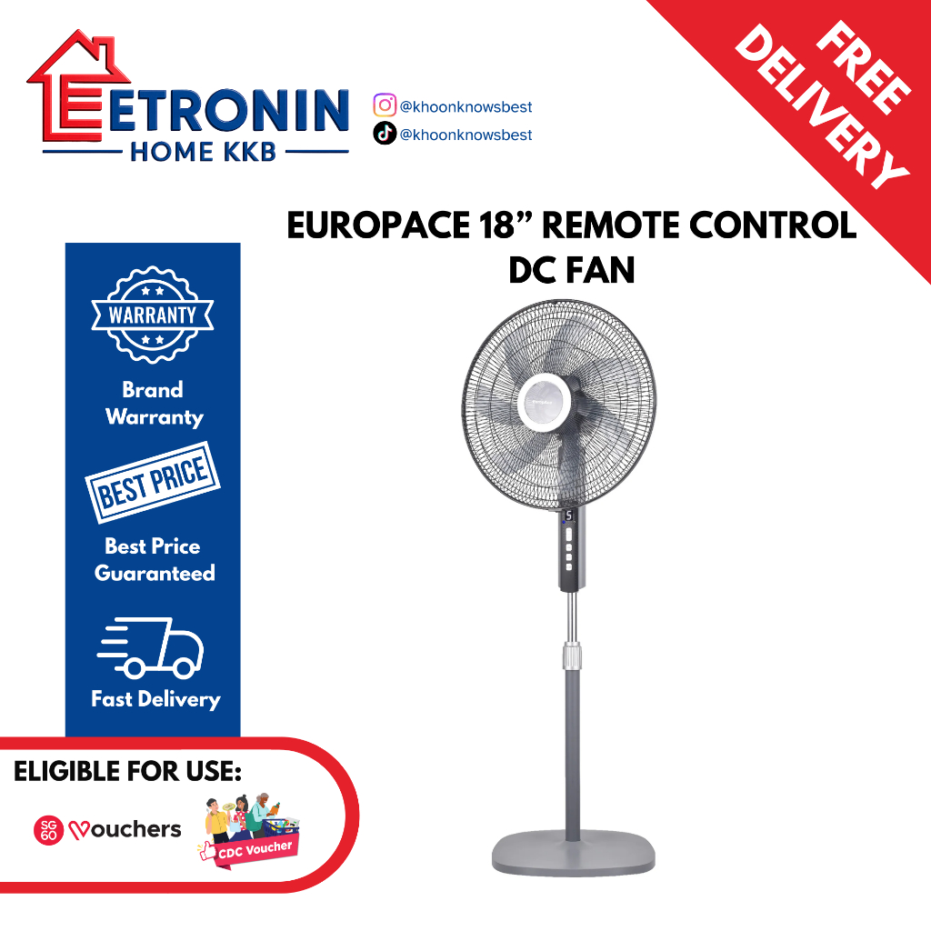 EuropAce 18” Deluxe DC Stand Fan with Remote Control ESF8187EDCR ...