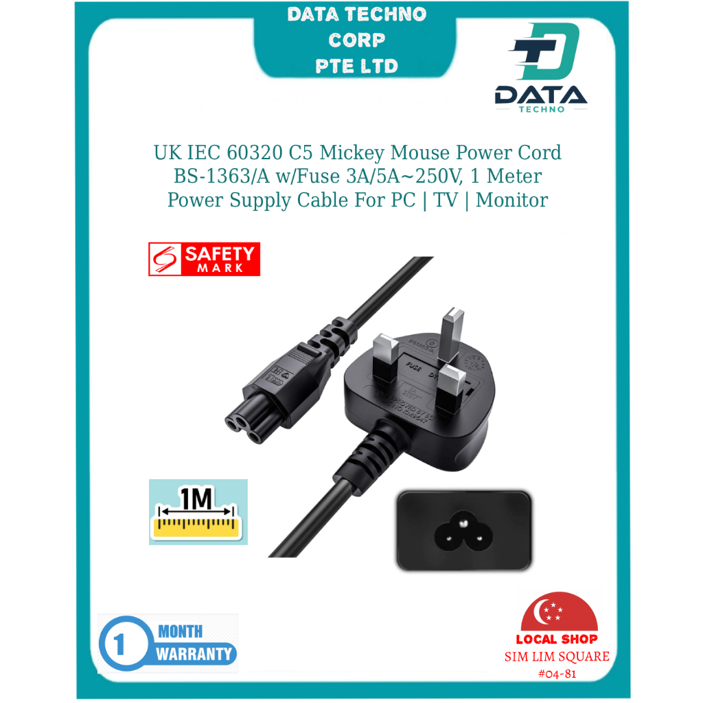 SG Local - UK 3pin to C5 Power Cord Cable 1m 1.5m 1.8m Mickey Mouse ...