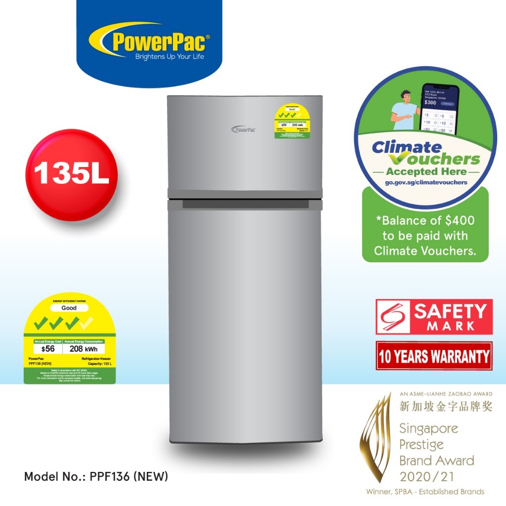 PowerPac 135L 2-Door Fridge Freezer, 97L+39L, Carbon Filter, 75W