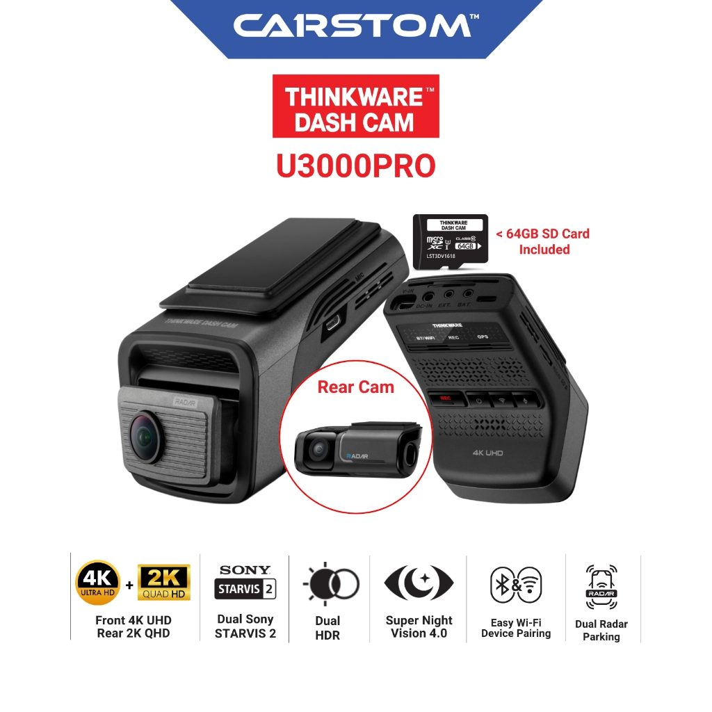 THINKWARE U3000 PRO 64GB 2CH and LTE Module 4K UHD Front/2K Rear Cam ...