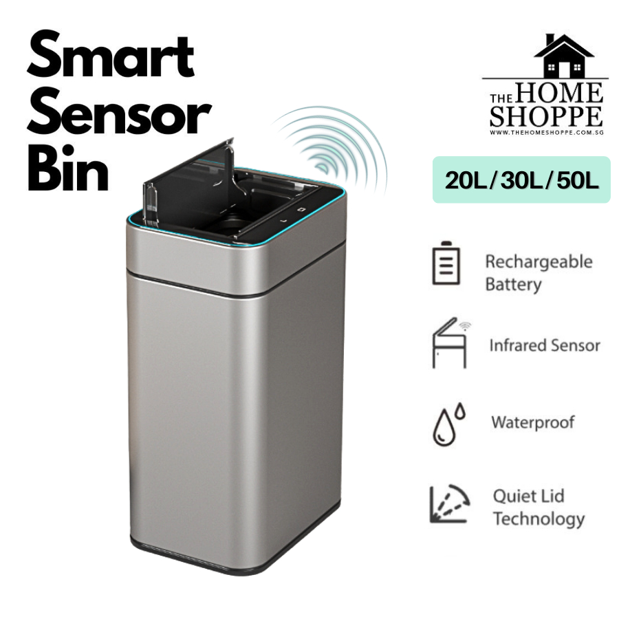 SG 20L - 50L Stainless Steel Smart Sensor Bin + LED Light Rechargeable ...