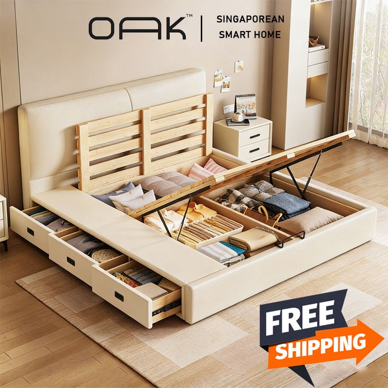 OAK HDB Storage Bed Frame Solid Bedroom Storage with Drawers (Queen ...