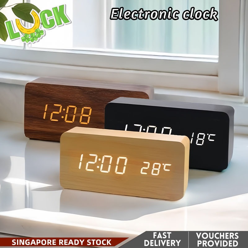 Wooden LED Digital Alarm Clock USB plug-in bedside clock with Time ...