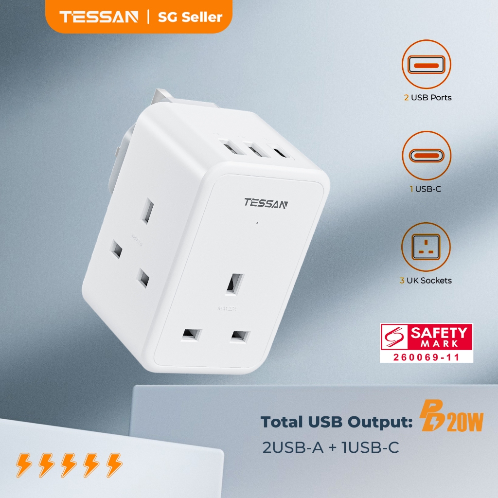 TESSAN - 6 in 1 Multi Plug Adapter with USB Type C Wall Plug Socket ...