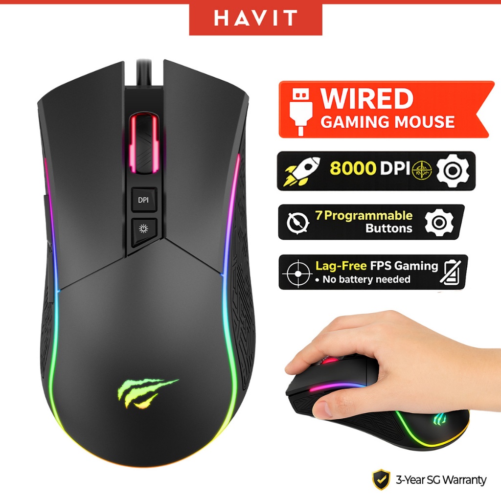 HAVIT Wired Gaming Mouse 8000 DPI | MS1001S | 7 Programmable Buttons ...