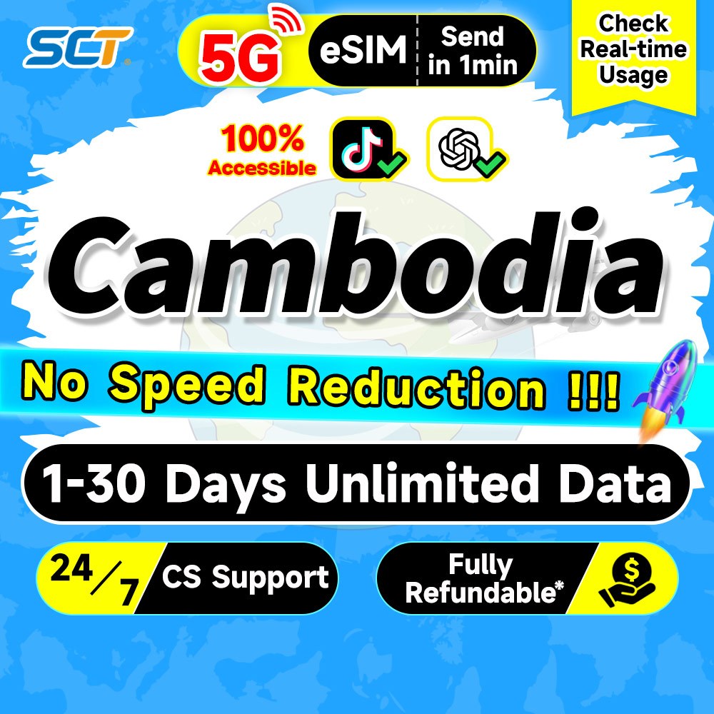 ESim Devices Only | Happy 5G ESim Cambodia 30Days Unlimited Data Travel ESim | 15GB Of 5G High-Speed Data Then 128kbps | Support IPhone & Android Devices | Easy Activation | No