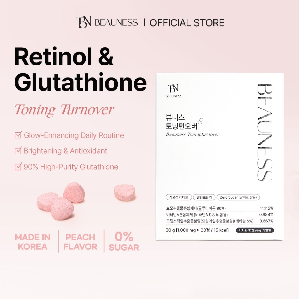 BEAUNESS Toning Turnover | Retinol + Liposomal Glutathione | Vitamin C |  Radiant Skin & Tone Care | 30 Tablets