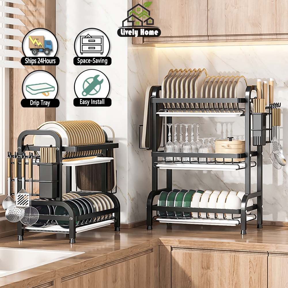 Multi-Tier Dish Drying Rack | Space-Saving Kitchen Organizer Auto Drain ...
