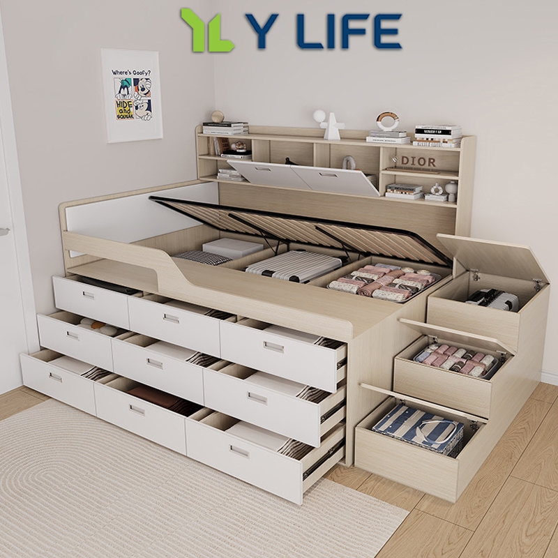 YLIFE HDB Solid Wood Pneumatic Storage Bed Frame with High Box Bed and ...