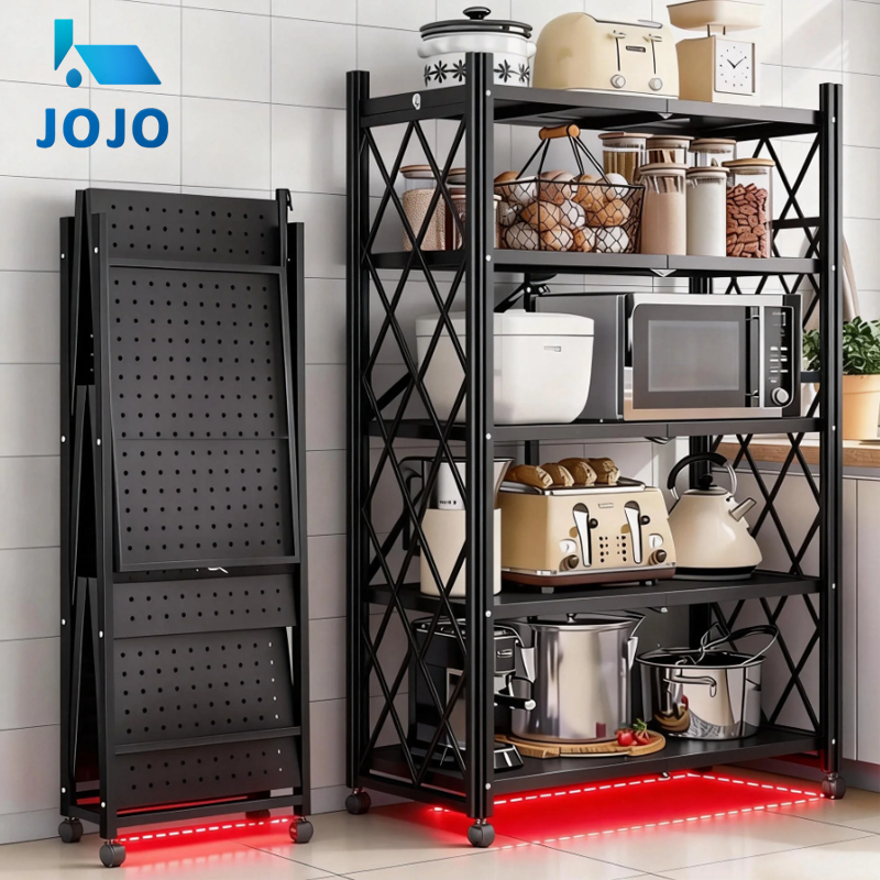 Foldable Kitchen Rack with Wheels 3/4/5-Tier Metal Storage Shelf ...