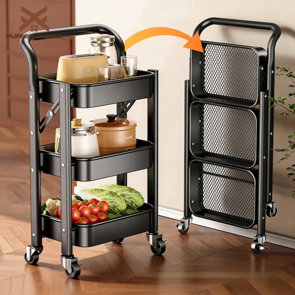 3 Layer 【Foldable】 Metal Trolley With Wheel No Assembly Storage Rack ...