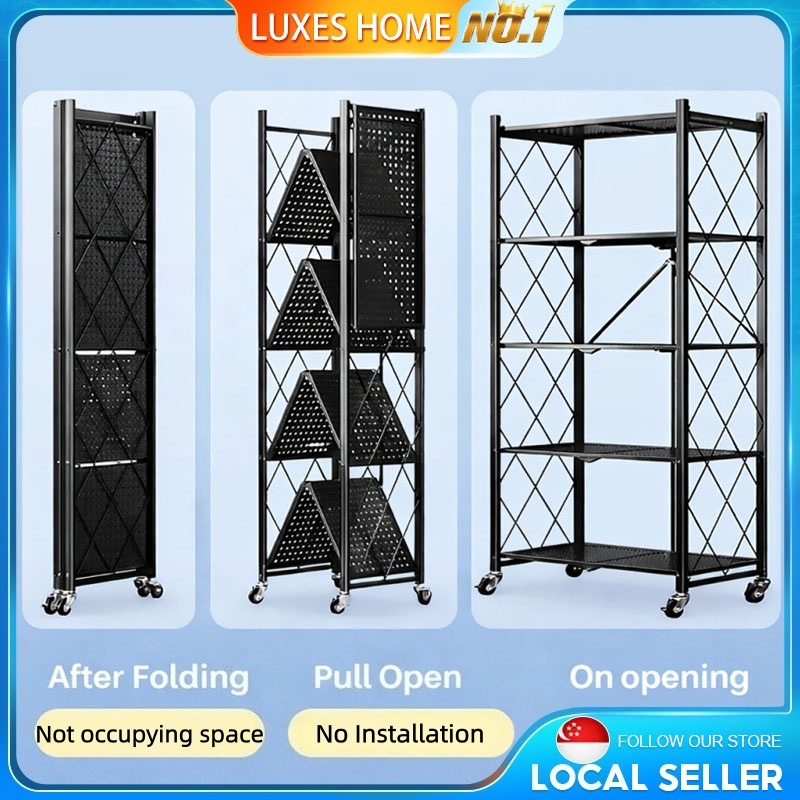 【SG Stock】Metal Storage Kitchen Rack with Wheels Foldable Storage Rack ...